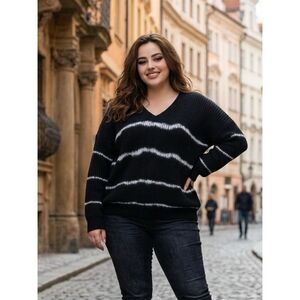 NWOT Sew In Love Plus Size Black V Neck Long Sleeve White Stripe Sweater - 3XL
